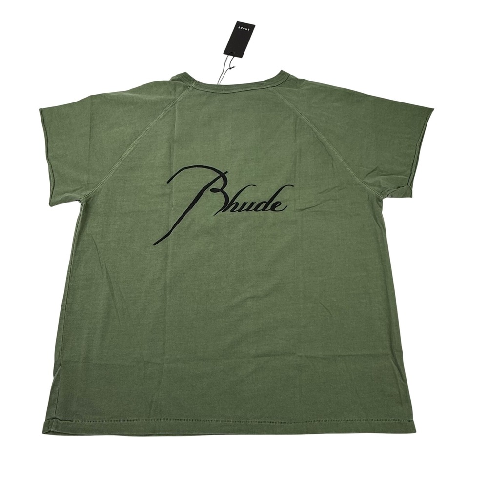 Rhude Mens Script Logo Raglan T-Shirt Olive Green Washed Cotton Short Sleeve NEW